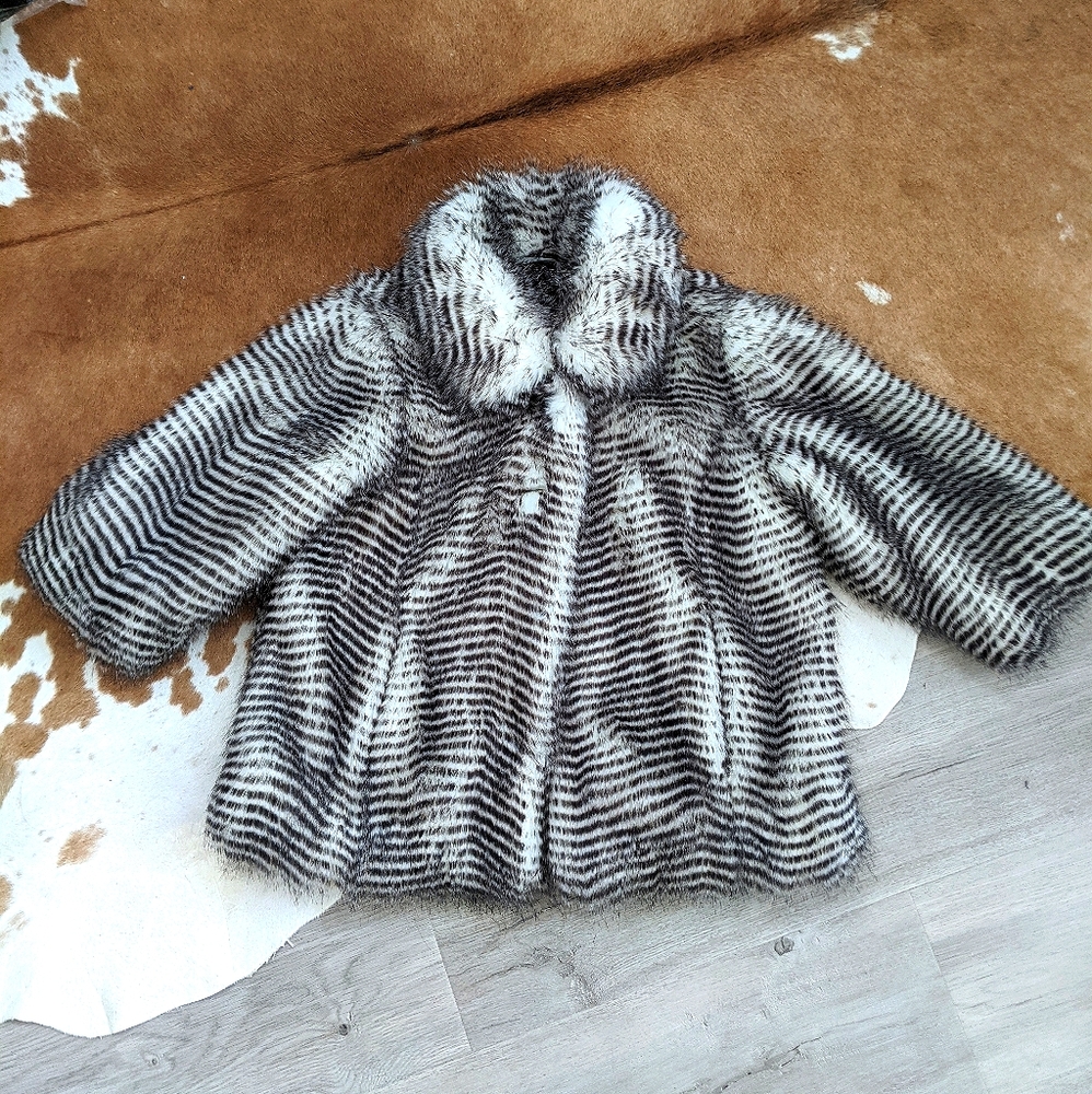 Black and white Pin Striped faux fur jacket